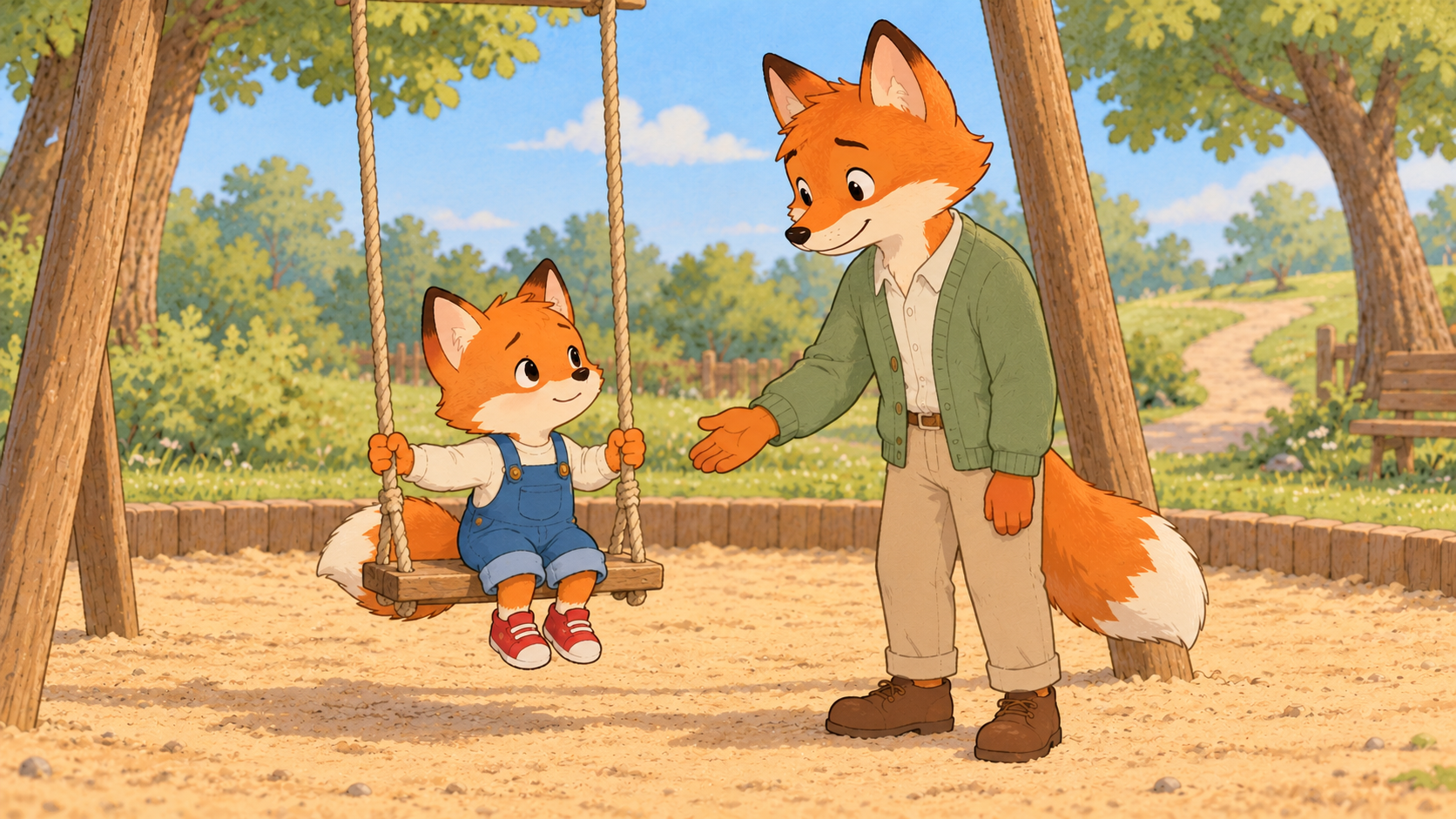 Piet auf der Schaukel und der große Fuchs daneben.