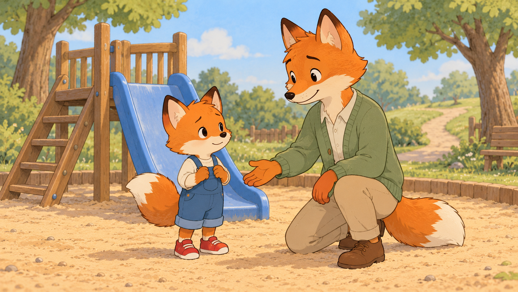 Piet neben der Rutsche mit dem großen Fuchs.